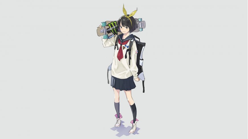 水手服少女肩扛滑板简约风动漫少女电脑壁纸