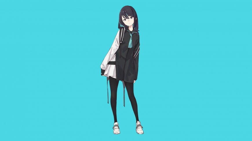 黑发蓝瞳少女黑白校服青蓝动漫电脑壁纸