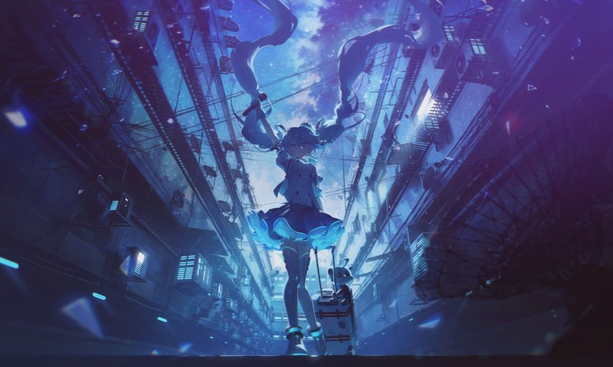 初音未来双马尾蓝裙科幻都市紫蓝动漫电脑壁