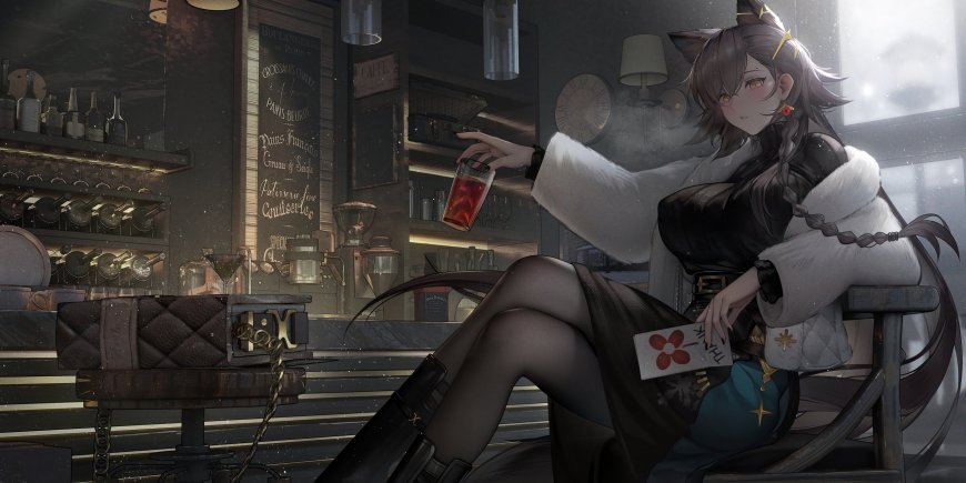 明日方舟德克萨斯猫耳少女持酒杯暗调动漫电