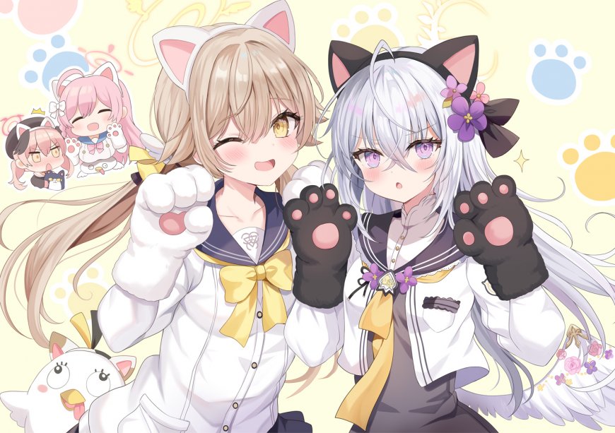 蔚蓝档案双少女猫耳猫爪可爱动漫少女电脑壁纸