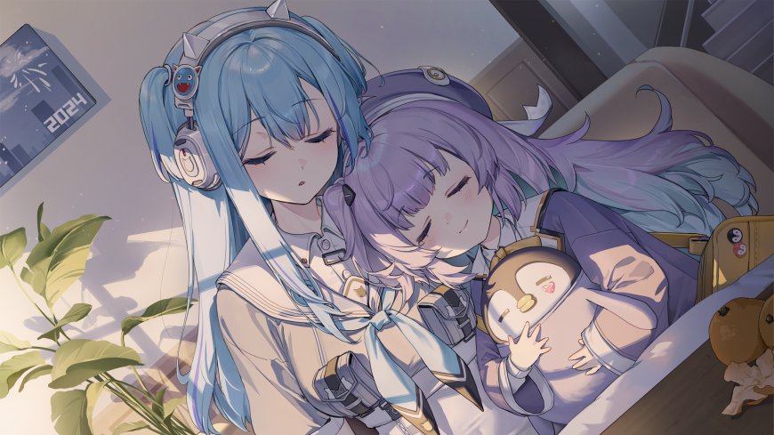崩坏星穹铁道希儿与三月七温馨依偎蓝紫动漫