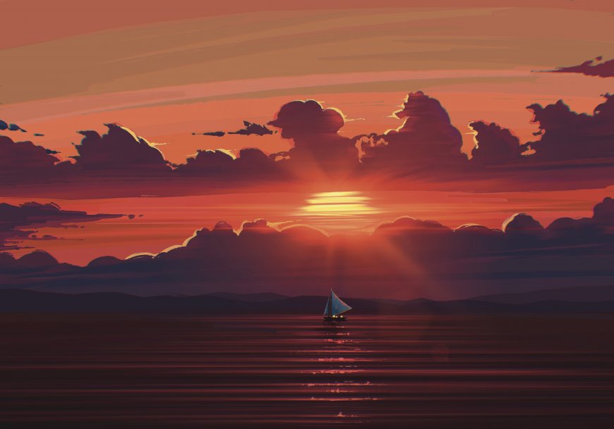 夕阳帆船海面剪影橙红风景电脑壁纸