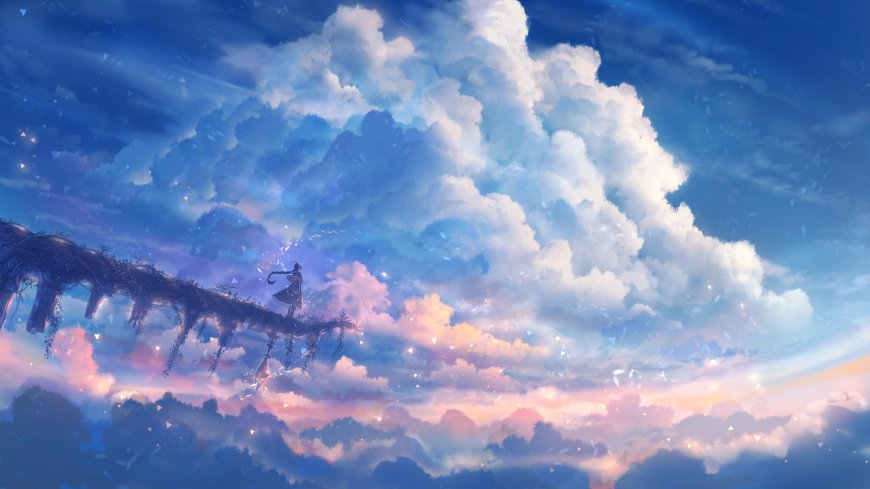 云海之上少女持伞蓝粉唯美幻想电脑壁纸