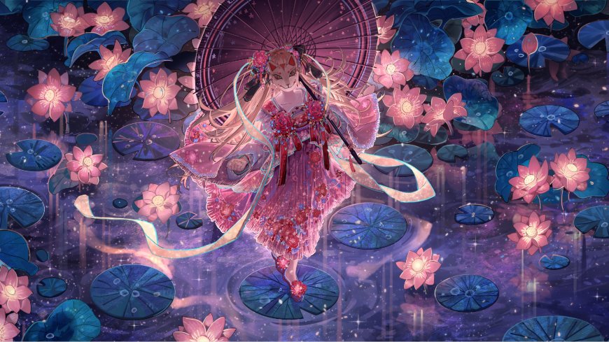 狐耳少女持伞莲池紫粉奇幻动漫电脑壁纸