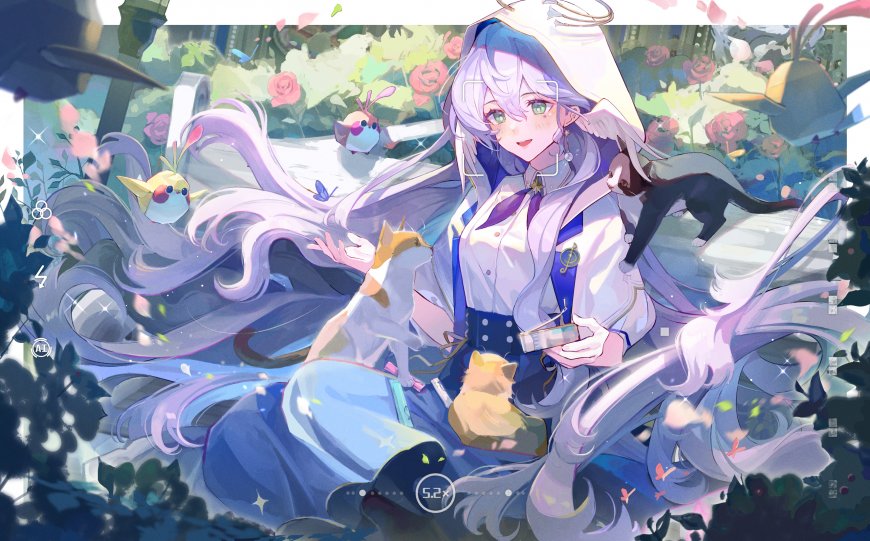 银发少女花园猫咪蓝紫动漫电脑壁纸