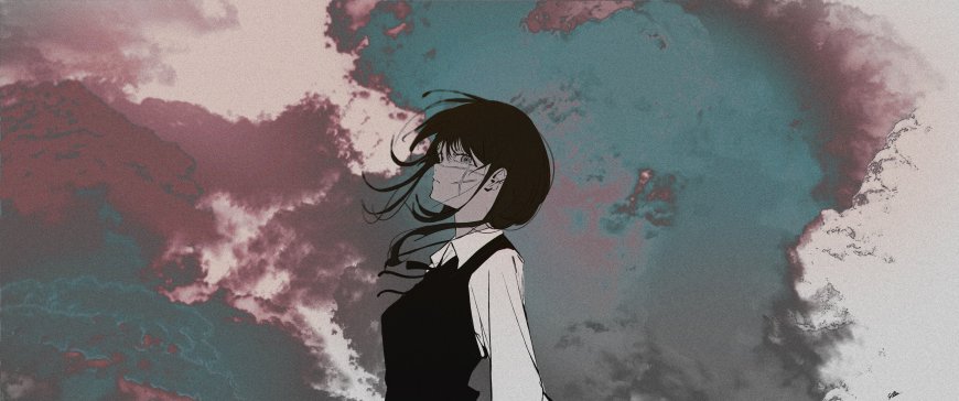 黑发少女侧脸凝望粉蓝渐变动漫电脑壁纸