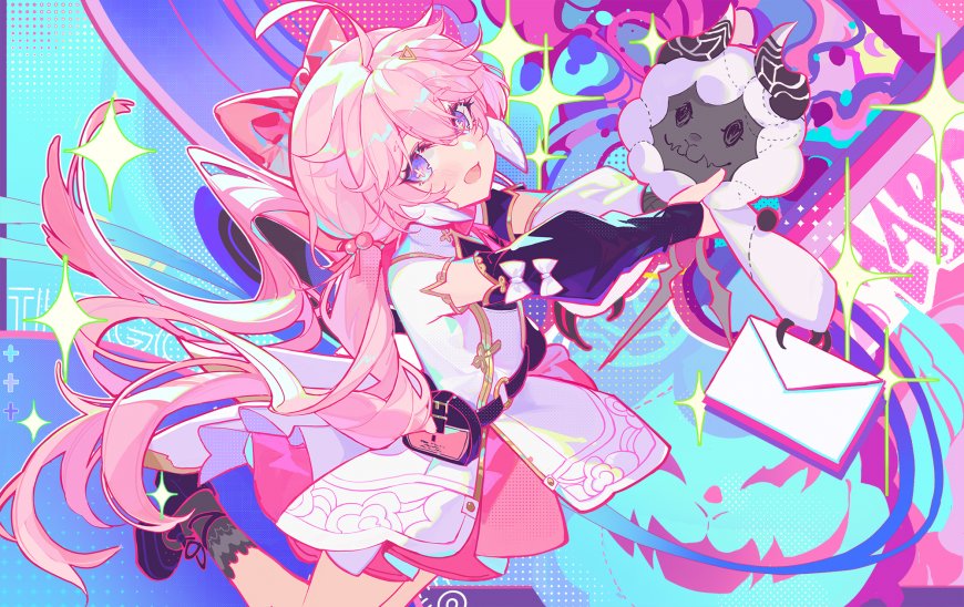 粉色长发猫耳少女怀抱小羊粉蓝霓虹动漫电脑