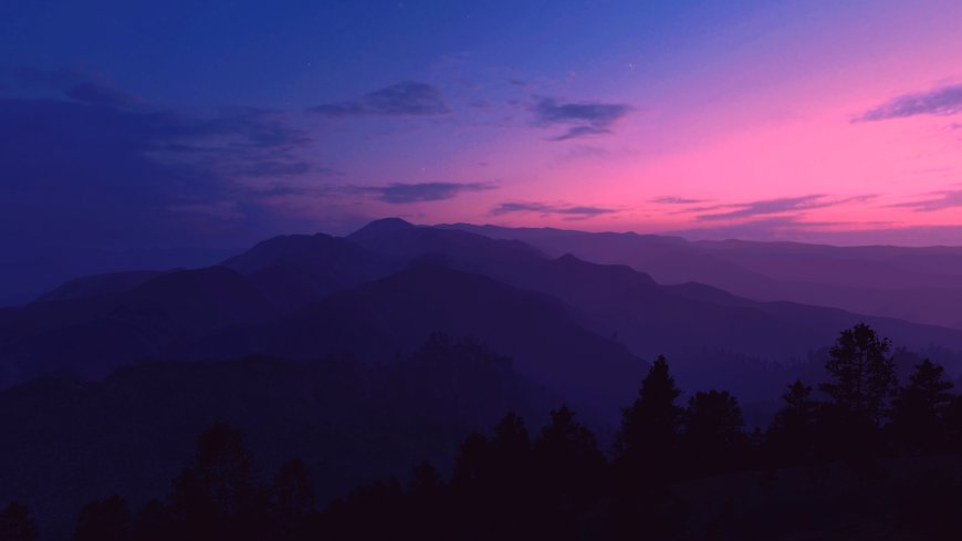 层叠山峦剪影紫粉渐变风景电脑壁纸