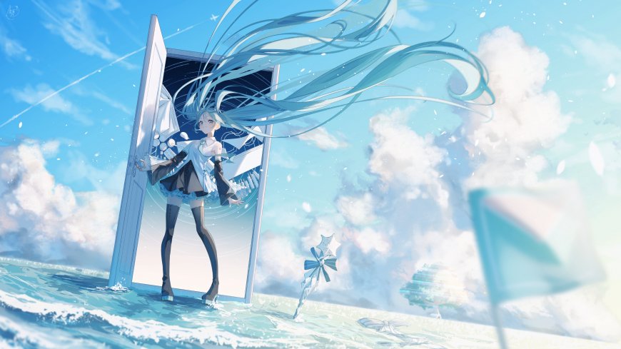 初音未来蓝发飞扬开门瞬间蓝白动漫电脑壁纸