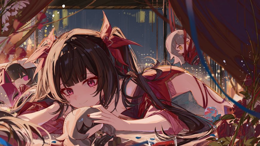 崩坏星穹铁道花火趴卧夜景红调动漫少女电脑壁纸