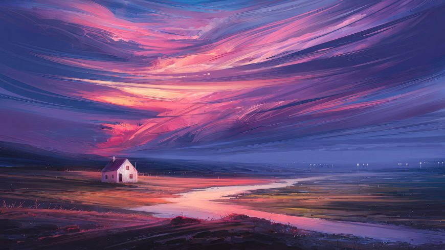 孤屋晚霞流云紫粉唯美风景插画电脑壁纸