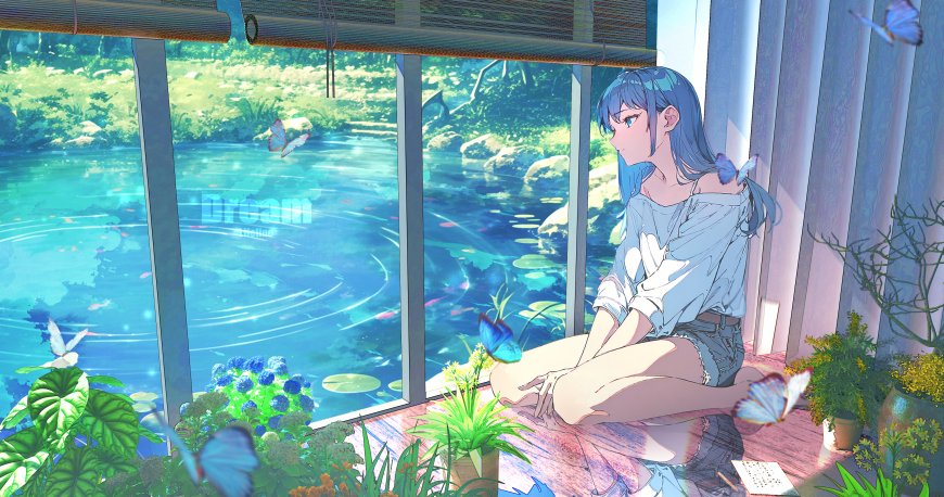蓝发少女窗边静坐青绿自然风景动漫电脑壁纸
