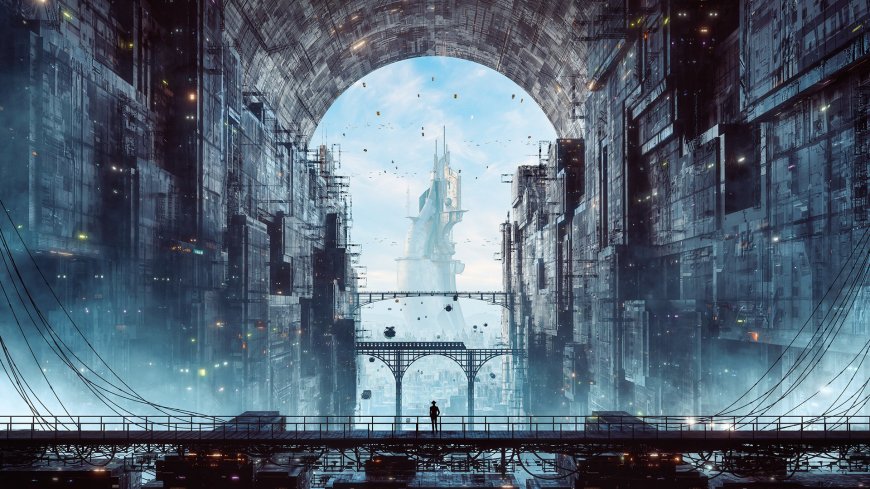 未来都市拱门远景蓝灰科幻电脑壁纸