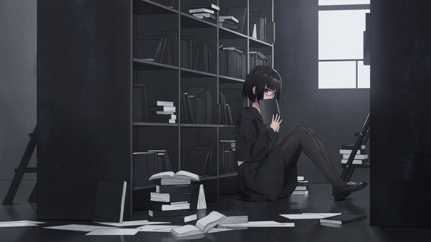 黑发少女坐地读书灰暗动漫电脑壁纸