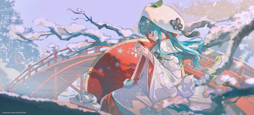 初音未来雪景和服少女粉紫动漫电脑壁纸