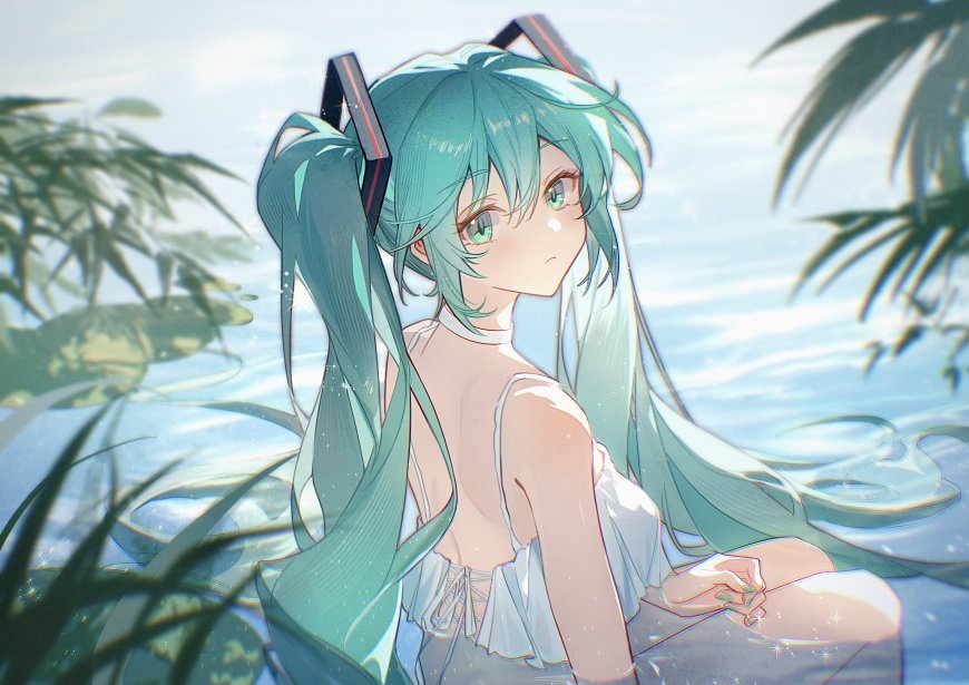 初音未来水边绿发少女蓝白动漫电脑壁纸
