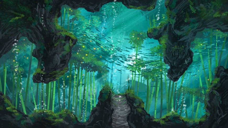 水下竹林秘境荧光绿奇幻风景电脑壁纸