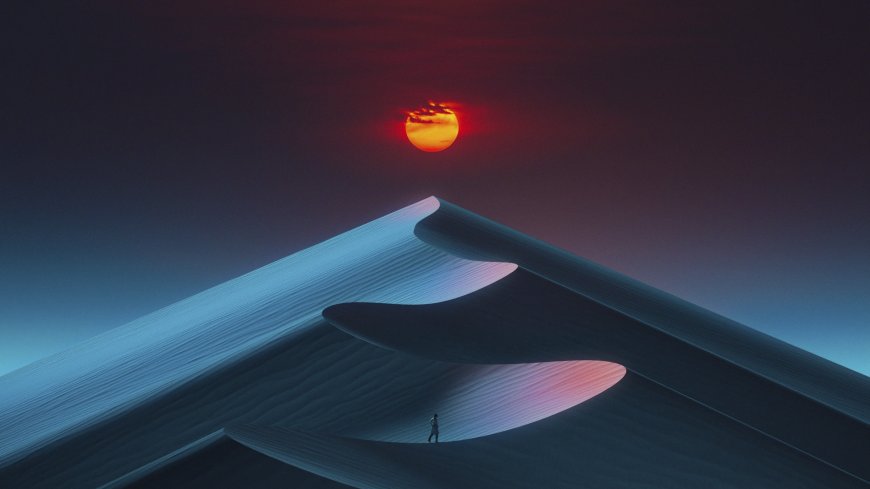 沙漠沙丘夕阳余晖蓝紫奇幻电脑壁纸