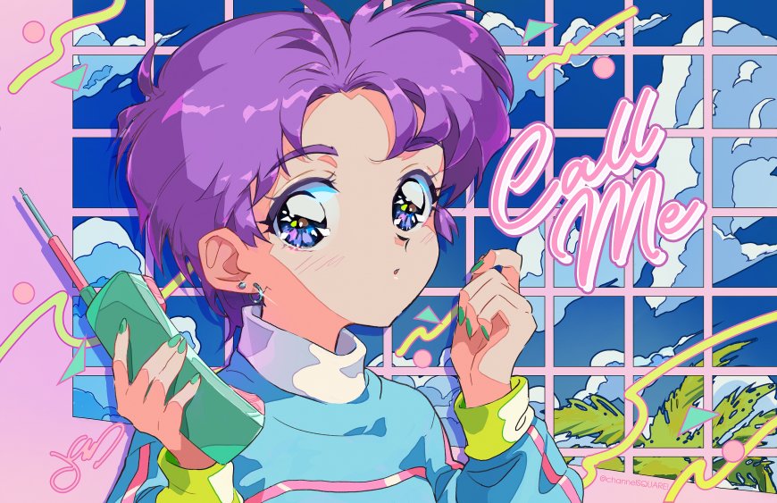 紫发少女手持电话粉蓝霓虹动漫电脑壁纸
