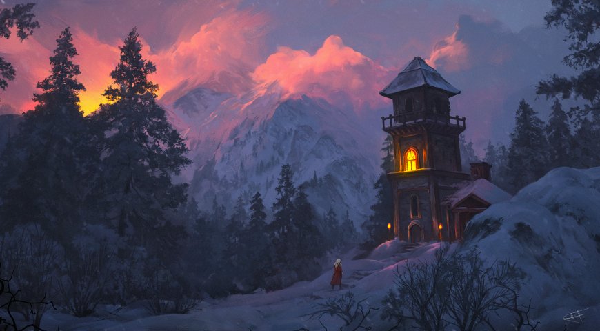 雪山森林小屋暖光奇幻风景电脑壁纸
