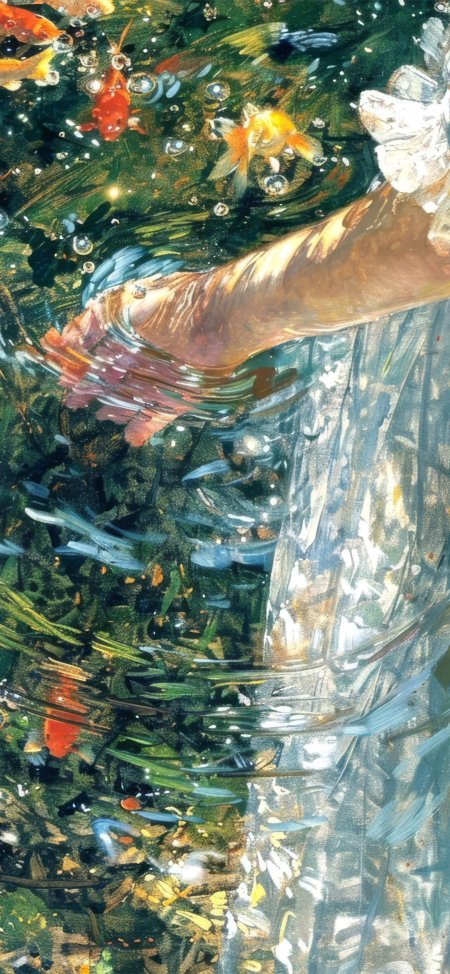 锦鲤游弋水波粼粼绿蓝清新绘画手机壁纸