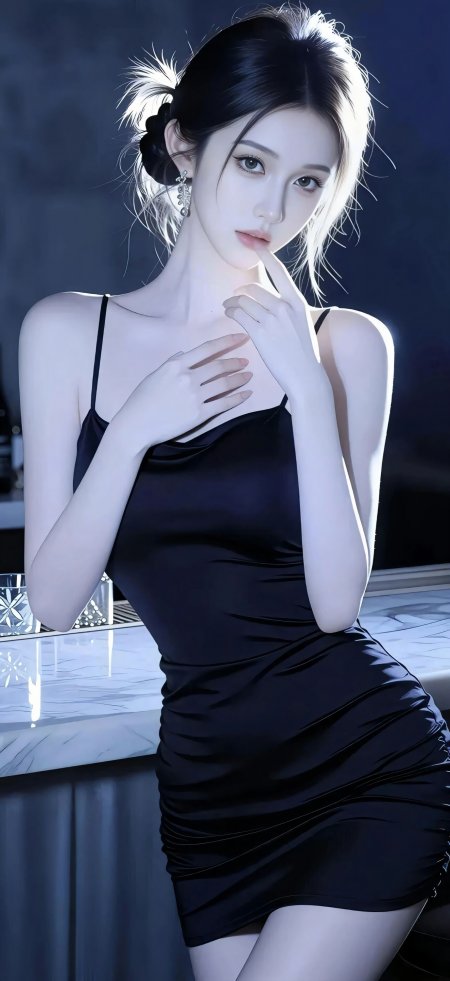 黑裙少女指尖轻触唇蓝调人物摄影手机壁纸