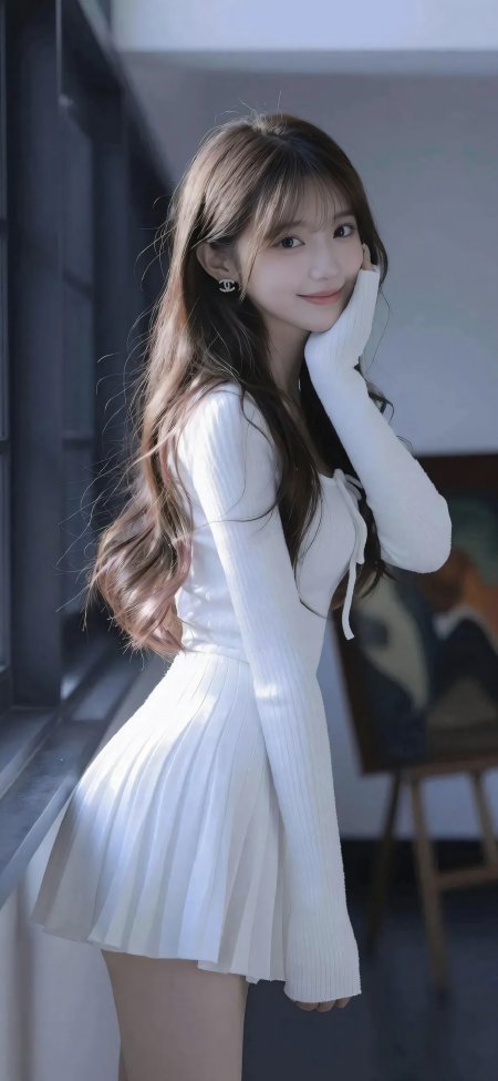 长发少女白裙微笑柔光人物摄影手机壁纸