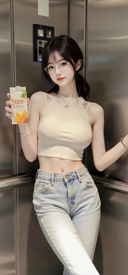 戴眼镜黑发少女持果汁盒电梯内暖白人物摄影
