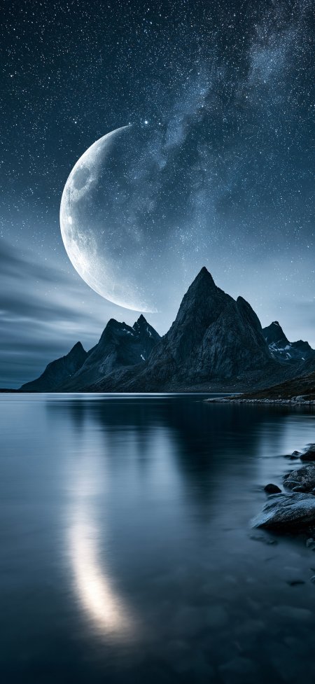 巨月星空倒映湖面蓝黑风景手机壁纸