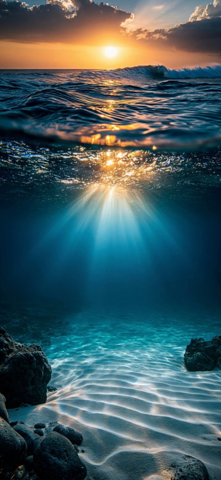 海面日落光束穿透水下蓝金风景手机壁纸