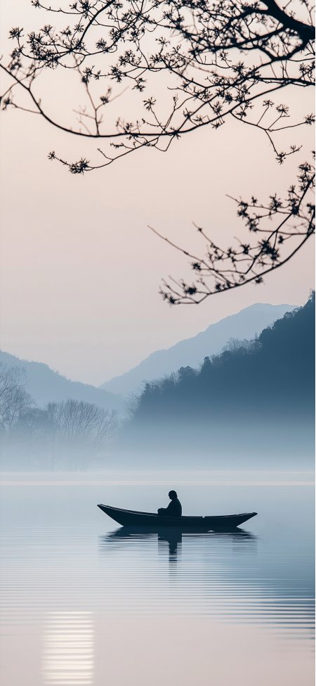 湖上孤舟渔人剪影蓝灰风景手机壁纸