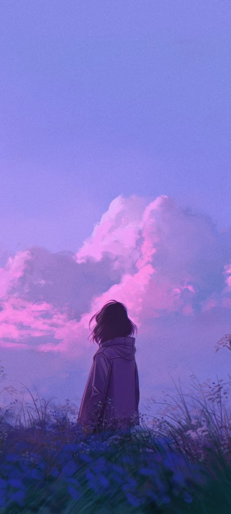 紫霞少女仰望粉云梦幻唯美手机壁纸