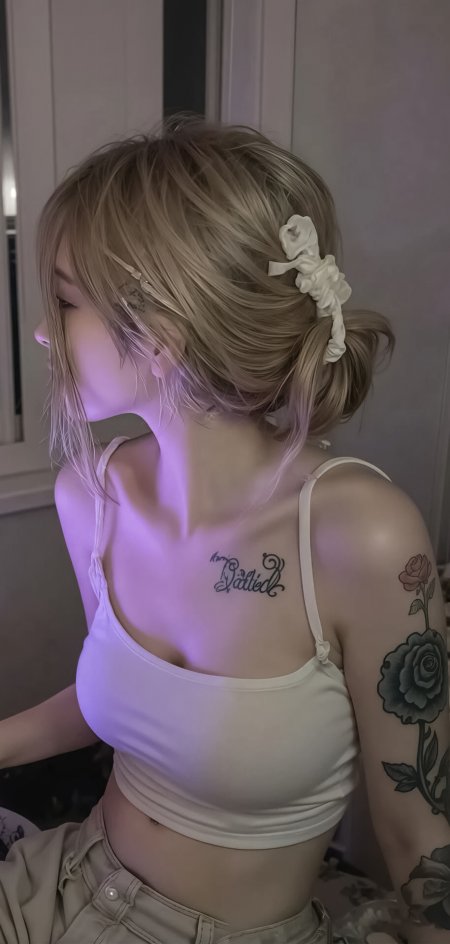 金发少女侧颜纹身紫光人物摄影手机壁纸