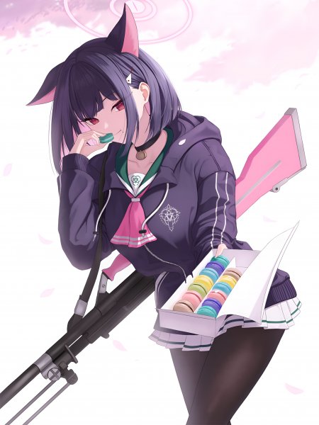 共山和纱 蔚蓝档案猫耳少女持枪吃马卡龙粉紫动漫手机壁纸