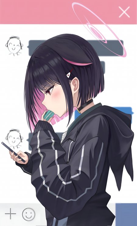 共山和纱 蔚蓝档案黑发粉梢少女低头看手机粉紫动漫手机壁纸