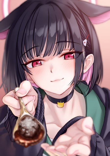 共山和纱 蔚蓝档案黑发红瞳猫耳少女持勺甜点粉紫动漫手机壁纸