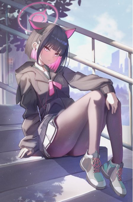 共山和纱 蔚蓝档案猫耳少女粉发校服坐阶紫灰动漫手机壁纸