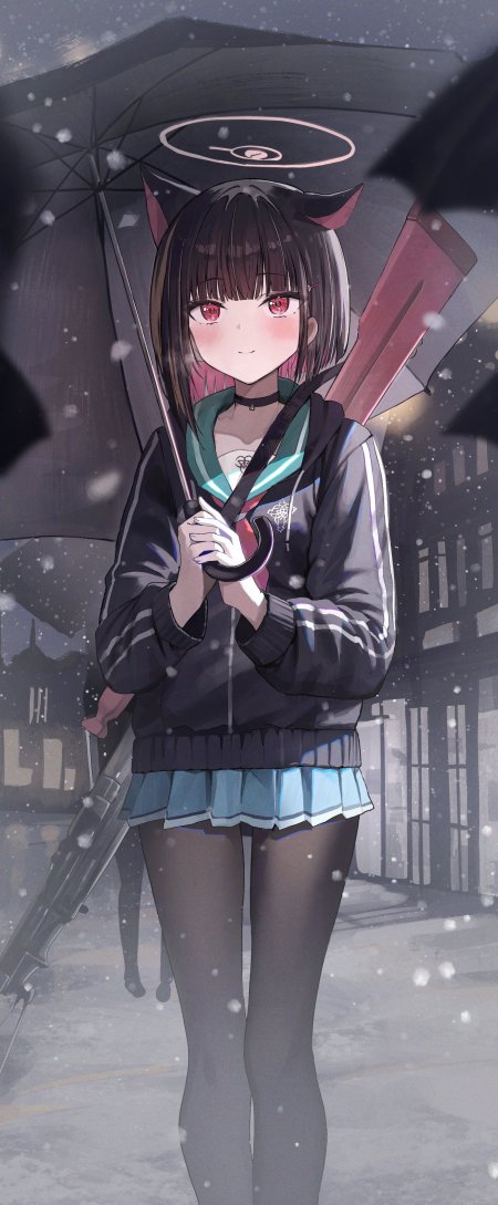 共山和纱 蔚蓝档案雪中持伞红瞳少女灰蓝动漫