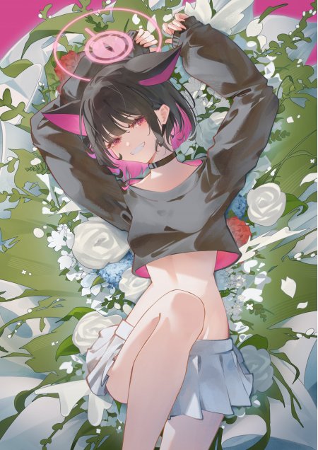 共山和纱 蔚蓝档案黑发粉瞳猫耳少女花丛躺卧粉绿动漫手机壁纸