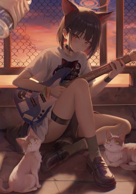 共山和纱 蔚蓝档案猫耳少女抱贝斯坐地粉紫动漫手机壁纸