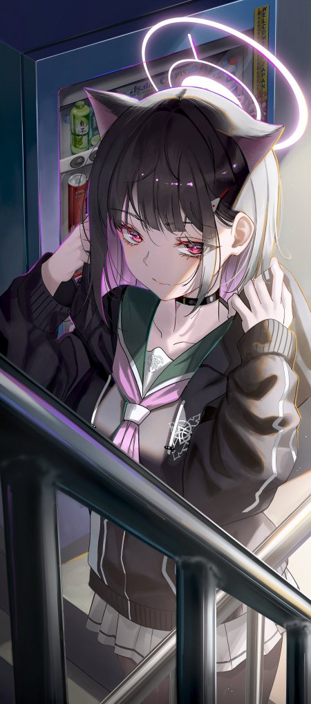 共山和纱 蔚蓝档案猫耳少女霓虹光环紫黑动漫手机壁纸