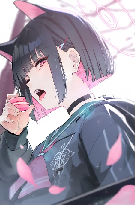 共山和纱 蔚蓝档案猫耳少女手持马卡龙粉紫动漫手机壁纸