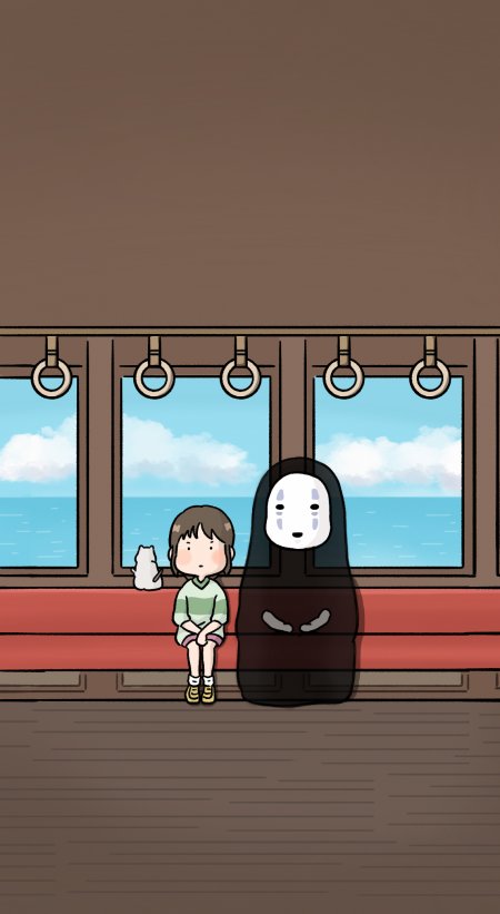 千与千寻无脸男与小女孩电车蓝海动漫手机壁