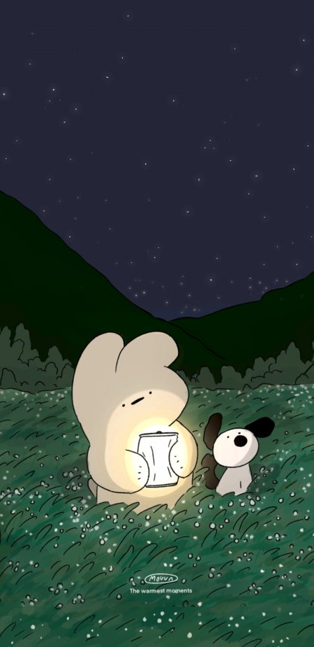 夜晚草地兔子小狗提灯温馨暗蓝动漫手机壁纸