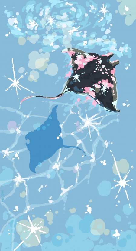 粉色樱花斑点蝠鲼蓝白海洋创意手机壁纸
