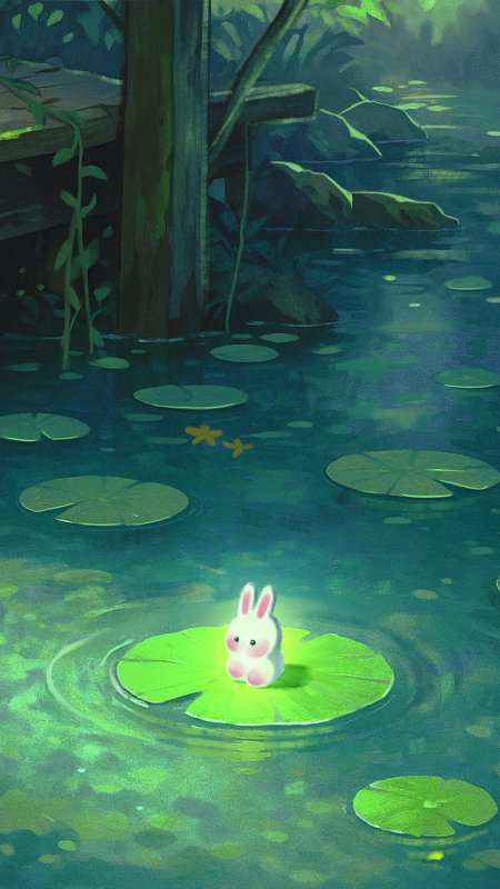 小白兔坐荷叶池塘青绿梦幻插画手机壁纸