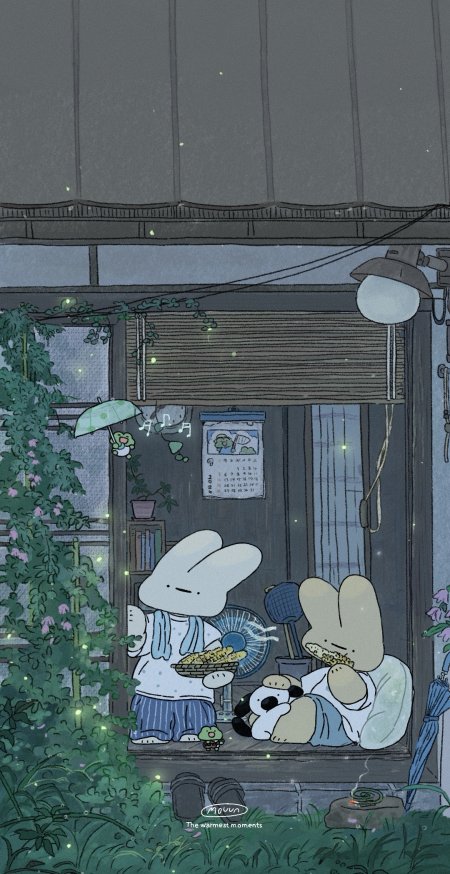 治愈系兔子小屋纳凉夜景蓝绿动漫手机壁纸