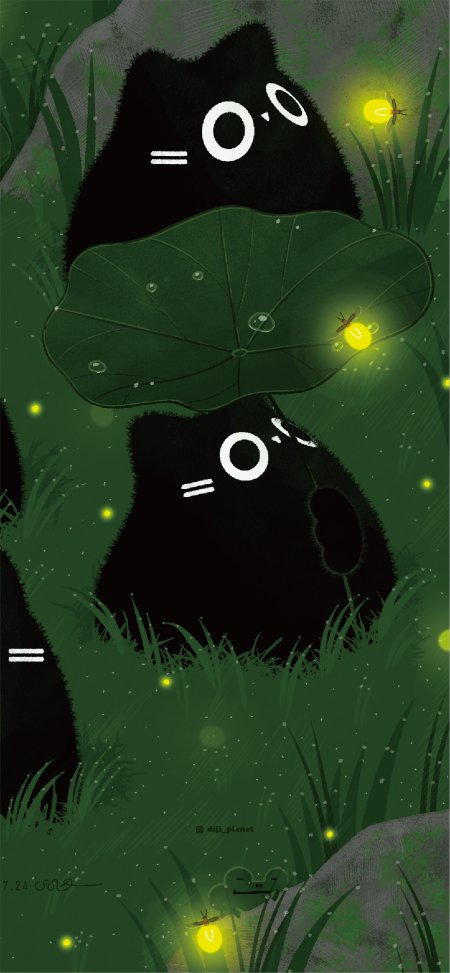 萤火虫荷叶黑猫萌宠绿意动漫手机壁纸