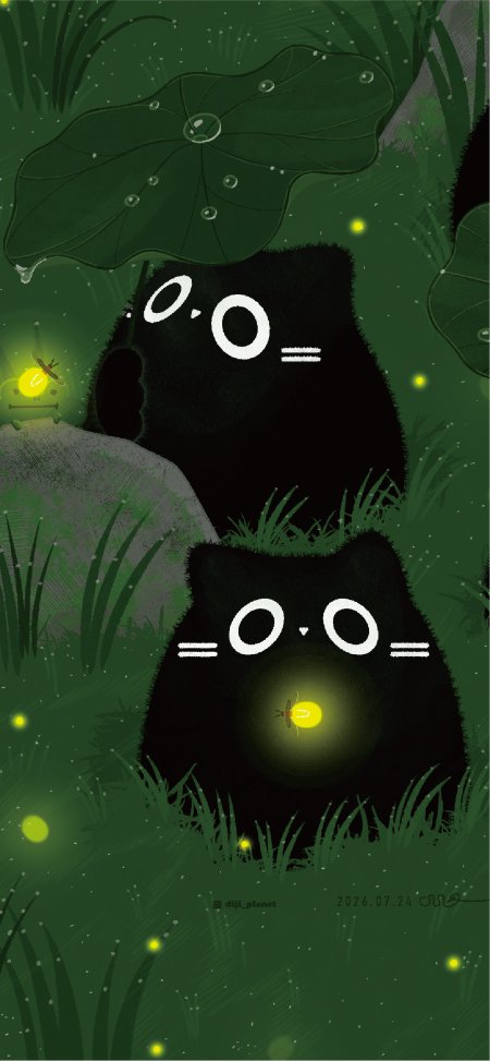 萤火虫森林黑猫萌宠暗绿插画手机壁纸